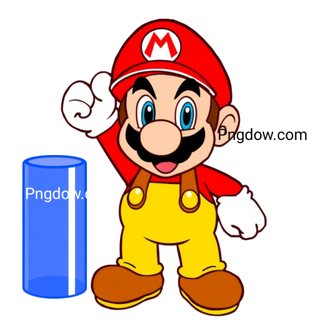 Mario, a cartoon character, is holding a blue cylinder in a vibrant and colorful setting