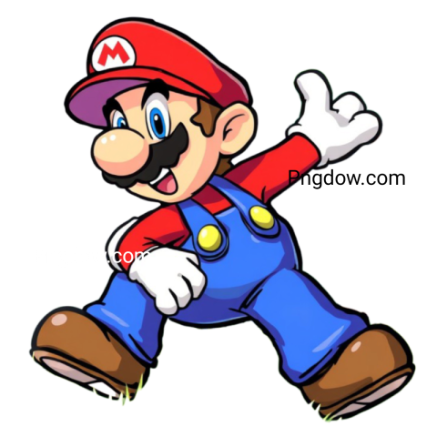 A vibrant PNG image of Mario from Super Mario Bros, showcasing his iconic red hat and blue overalls in a playful pose