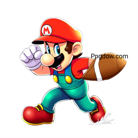 Mario sprinting energetically while holding a football, depicted in a vibrant PNG format