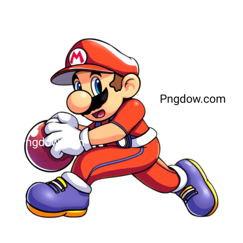 Mario runs energetically with a ball in his hand, showcasing his iconic style in a vibrant PNG format