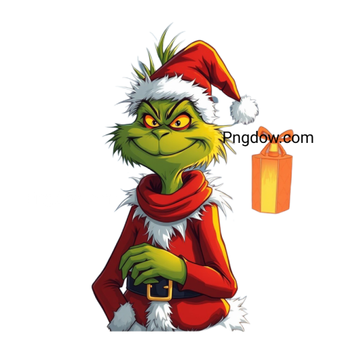 The Grinch smiles while holding a colorful gift in his hand, embodying the spirit of giving and holiday cheer