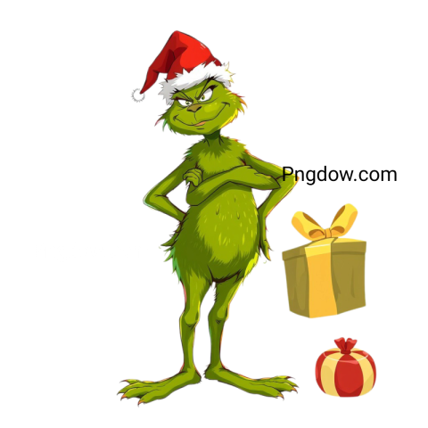 A Grinch character joyfully holds a colorful gift box, showcasing a mischievous grin in a festive setting