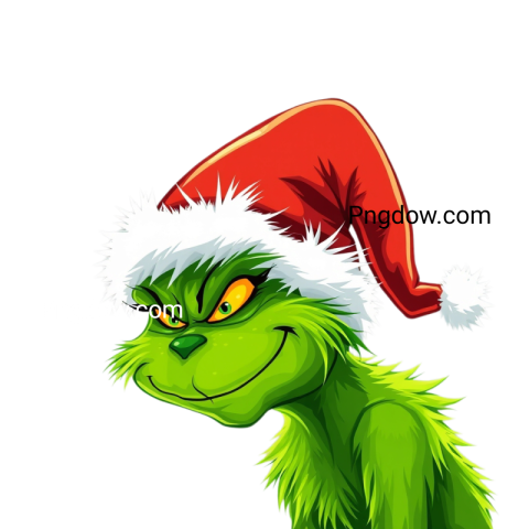 Grinch character wearing a festive Santa hat, showcasing a mischievous grin, perfect for holiday themed designs, Grinch PNG