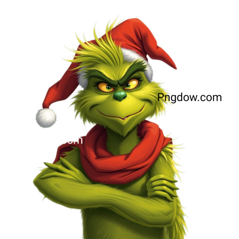 A Grinch wearing a Santa hat and scarf, showcasing a mischievous grin, perfect for holiday themed designs