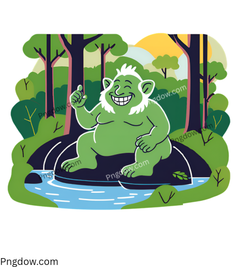 Funny Green Troll Sitting in Forest - Free Cartoon PNG Download