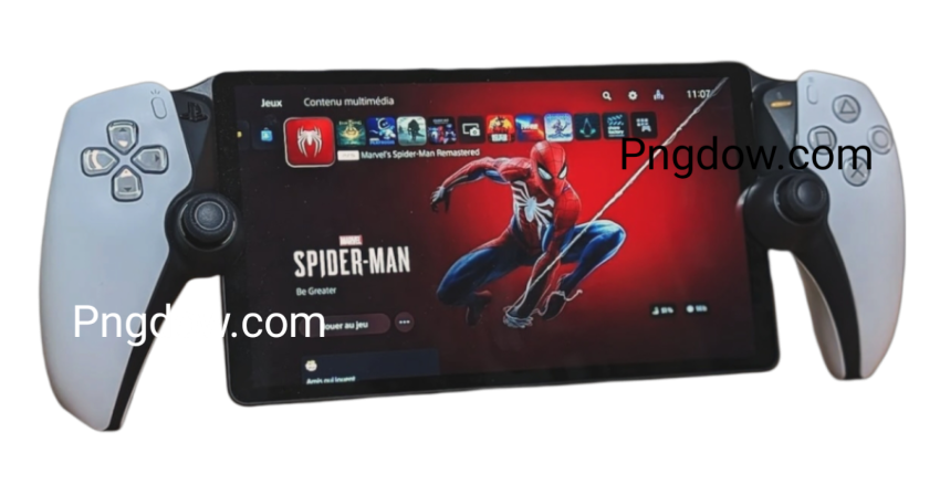 A tablet displaying a game controller, featuring a Spiderman design for PS5, showcasing gaming technology and entertainment