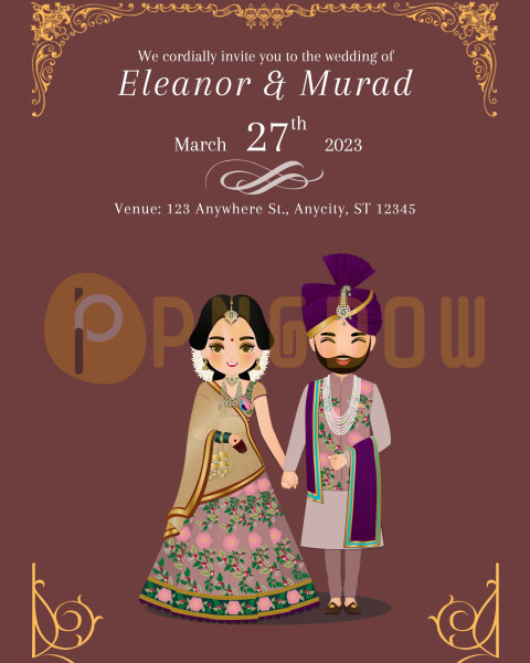 Download Wedding invitation card the bride and groom cute couple in traditional indian dress cartoon character, Vector illustration for free