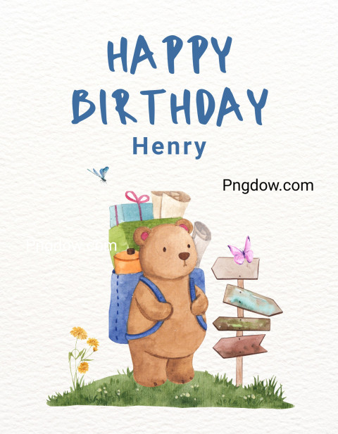 Colourful Cute Watercolour Teddy Bear Hiking Happy Birthday Card
