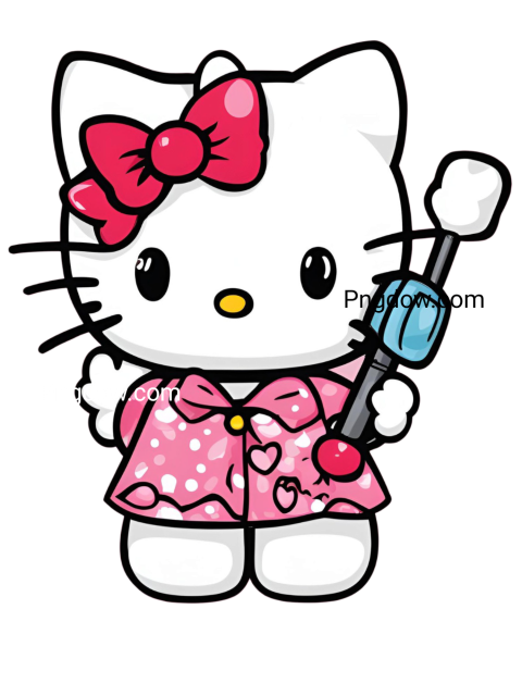 Hello Kitty holding a toothbrush, cute and colorful character, free PNG image