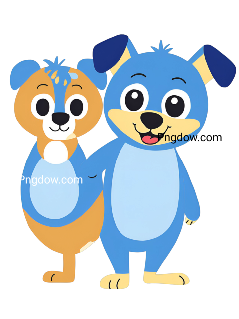 Cartoon dog and bear characters Bluey and Bingo in a playful pose, in a whimsical and colorful illustration
