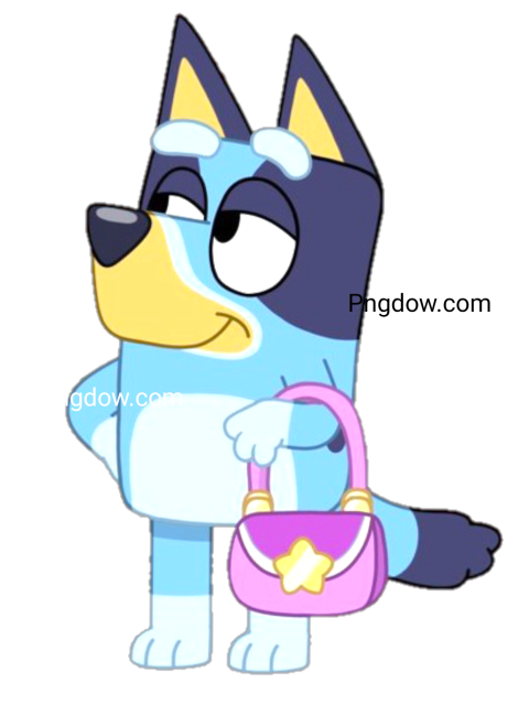 A cartoon dog holding a purse and a star, in blue and white colors