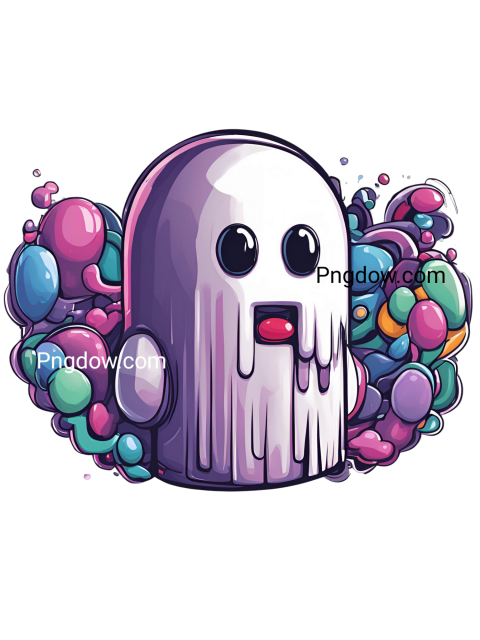A cartoon ghost with colorful balloons floating around it, among us png