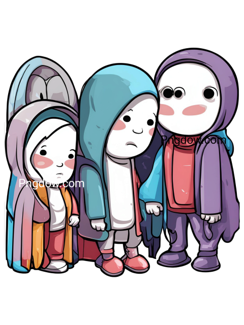 Three children in hoodies standing together, resembling characters from Among Us game, in a PNG format