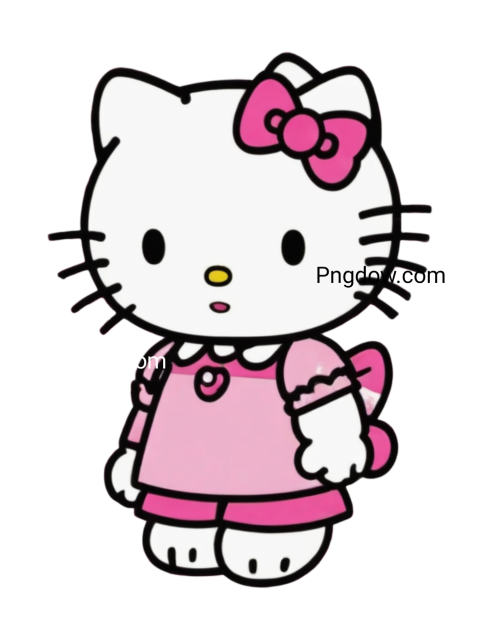 Hello Kitty in a pink dress with a blue bow, exuding cuteness in this downloadable PNG images