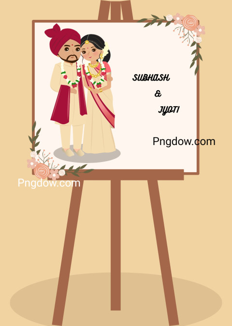 Download Wedding invitation card template the bride and groom cute couple in traditional indian dress cartoon character, Vector illustration  for free