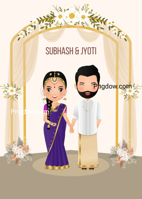 Free Vector, Cute indian wedding couple on flower wedding invitation card
