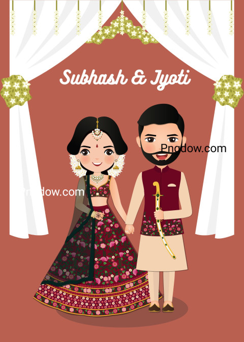 Free Vector, Cute indian bride and groom in traditional dress cartoon