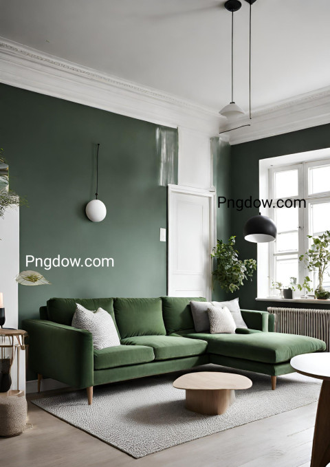Scandinavian design style living room with a green sofa
