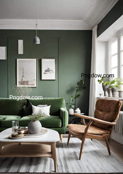 Scandinavian design style living room with a green sofa