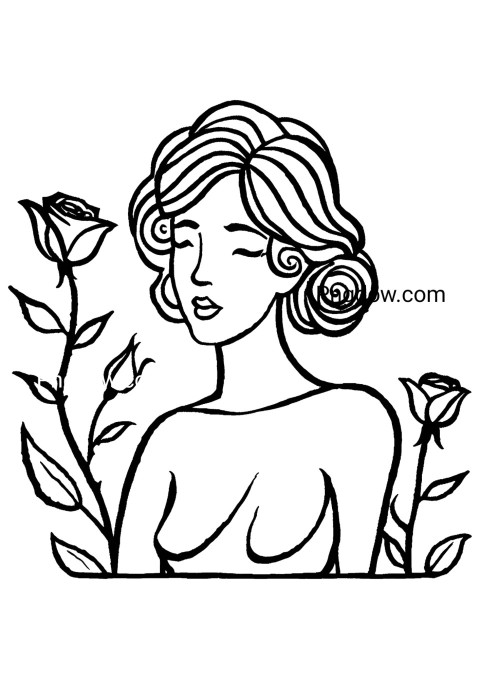 Woman with flowers in her hair coloring page, perfect for flower drawing activities