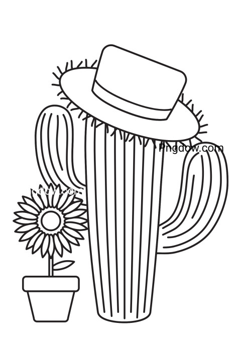 A cactus wearing a hat and flower pot coloring page with a sunflower drawing