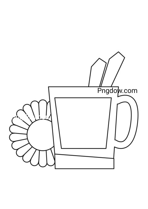 A cup with a sunflower drawing, containing a flower and a spoon