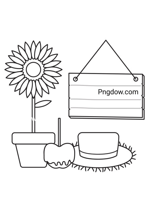 Black and white drawing of a sunflower, sign, and pot