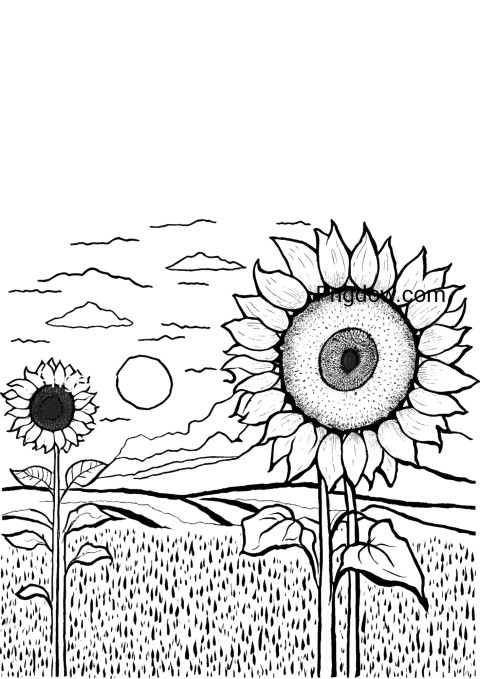 Sunflower coloring page with a large sunflower in the center and smaller flowers around it
