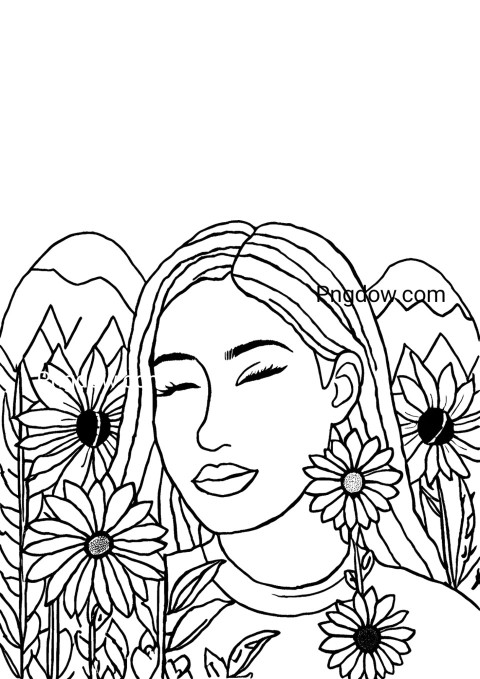 Woman with sunflowers in her hair coloring page