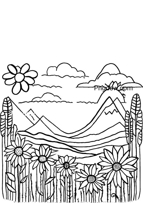A coloring page featuring sunflower drawing, flowers, and mountains