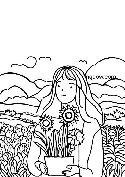 Woman holding sunflower coloring page