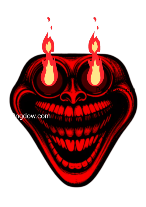 A red and black troll face with flames erupting from its mouth, showcasing a fierce and intense expression