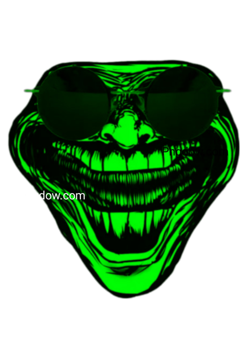 A green glowing troll face wearing sunglasses, exuding a playful and mischievous vibe