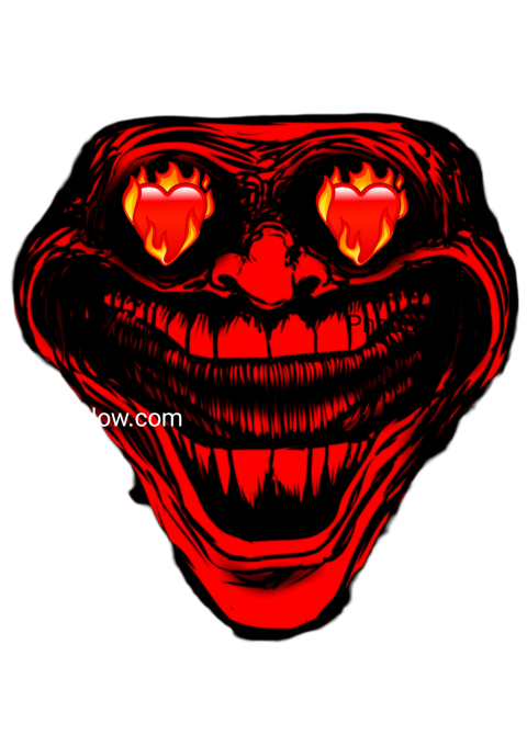 A red and black troll face featuring prominent eyes and sharp teeth, showcasing a mischievous expression