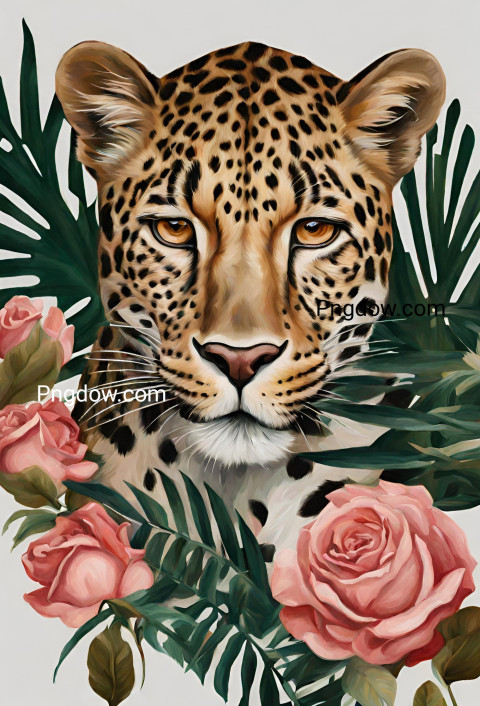 Illustration of an oil painting portrait of a leopard among roses and palm leaves for free