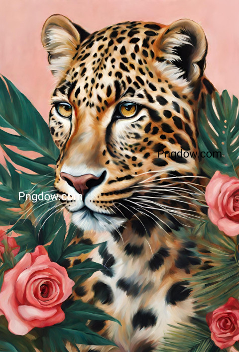 Illustration of an oil painting portrait of a leopard among roses and palm leaves Free