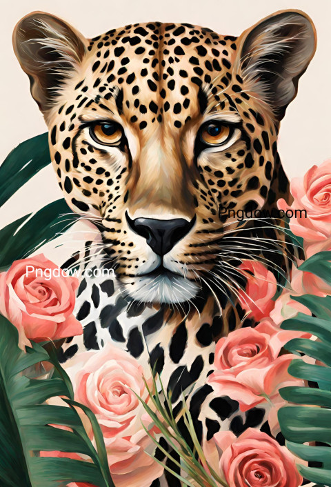 Illustration of an oil painting portrait of a leopard among roses and palm leaves   Generative AI, (11)