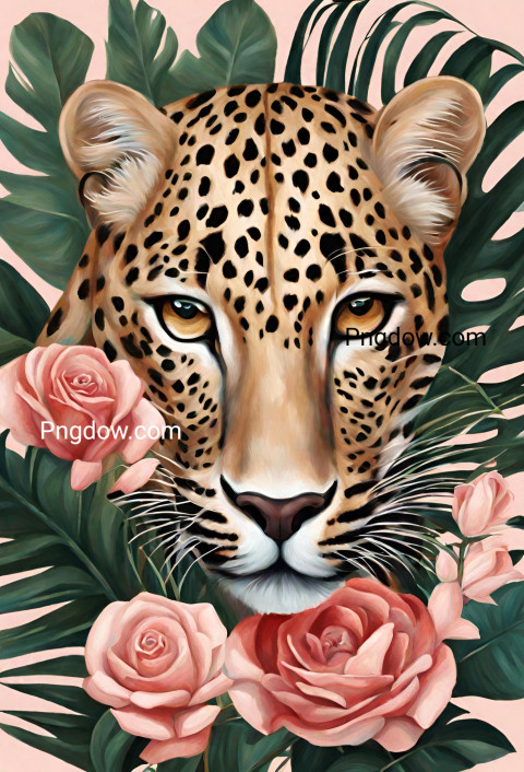 Illustration of an oil painting portrait of a leopard among roses and palm leaves   Generative AI,