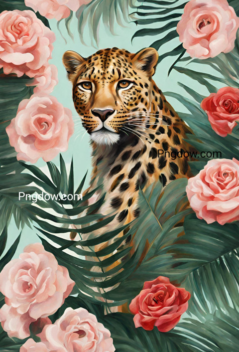 Illustration of an oil painting portrait of a leopard among roses and palm leaves