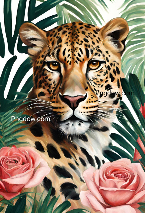 Illustration of an oil painting portrait of a leopard among roses and palm leaves for free download