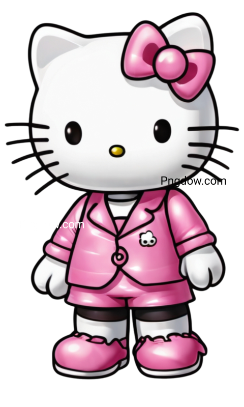 Cute Hello Kitty wearing a pink suit and bow, perfect for downloading as a PNG file