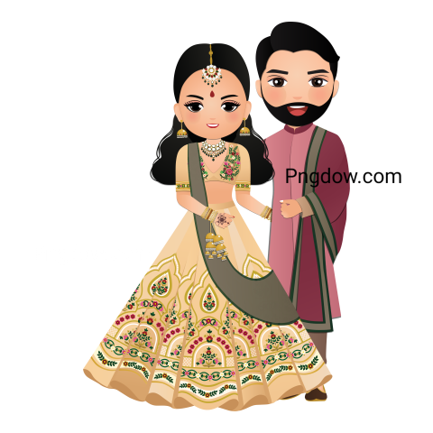 Bride and groom cute couple indian dress cartoon character (33)
