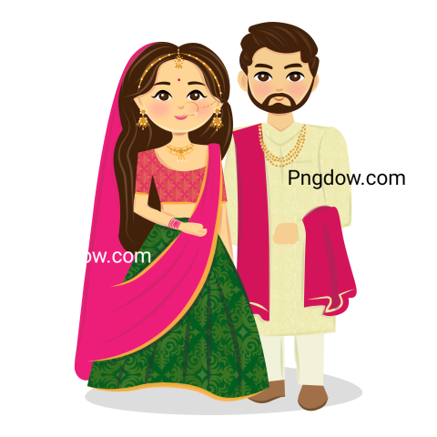 Bride and groom cute couple indian dress cartoon character (32)