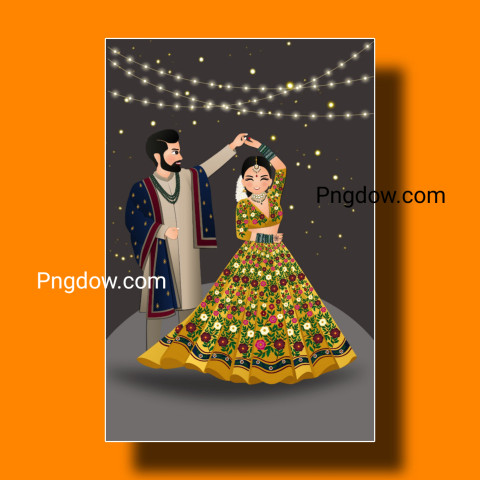 Wedding invitation card the bride and groom cute couple in traditional indian dress cartoon character  Vector illustration  for free