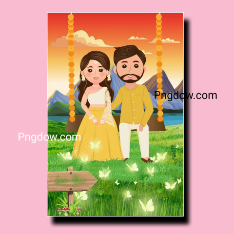 Premium Vector | Wedding invitation card the bride and groom cute couple in traditional indian dress cartoon for Free