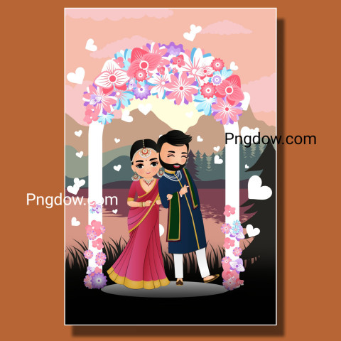 Premium For Free Vector | Wedding invitation card the bride and groom cute couple in traditional indian dress cartoon