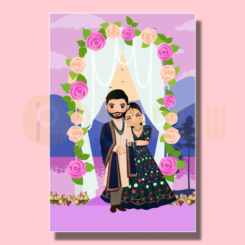 Wedding invitation card the bride and groom cute couple in traditional indian dress cartoon character  Vector  free