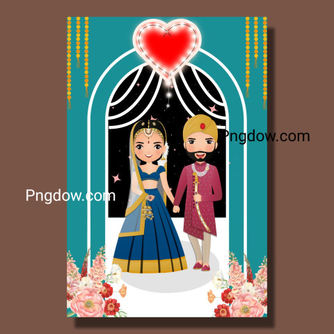 Cute couple in traditional indian dress cartoon character Romantic wedding invitation card
