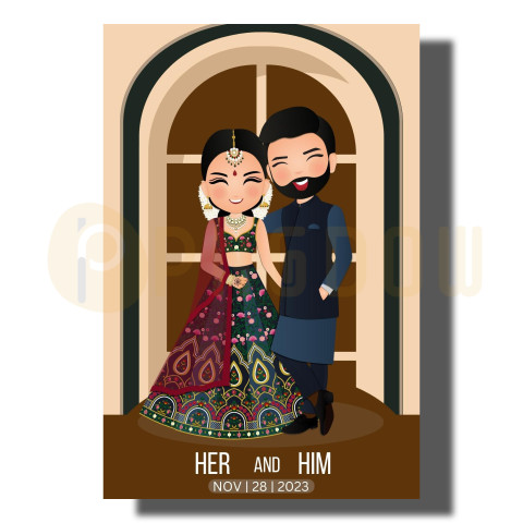 Download Wedding invitation card the bride and groom cute couple in traditional indian dress cartoon character for free