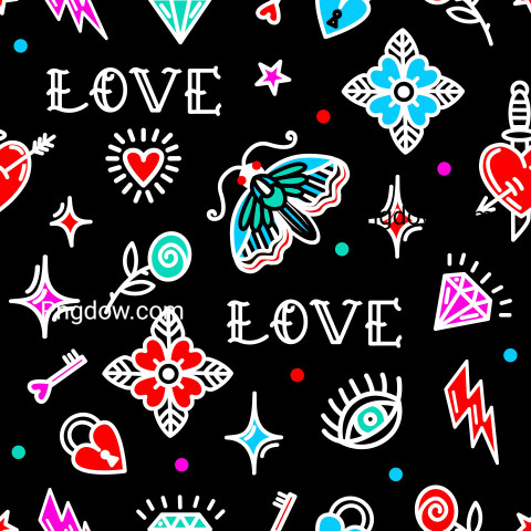 Old School Tattoo Pattern with Love Symbols,